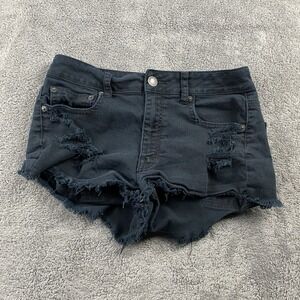 American Eagle Stretch Jean Shorts 8 Black Distressed Frayed Hem Mid Rise